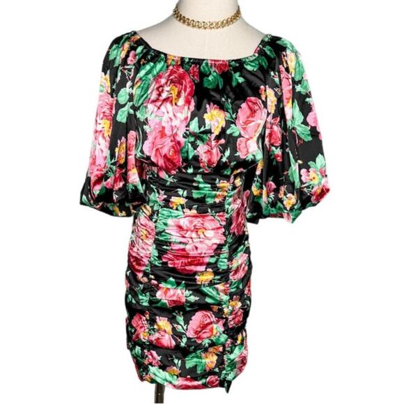 For Love and Lemons Jolie Floral Satin Puff Sleeve Ruched Mini Dress size S - Picture 8 of 8